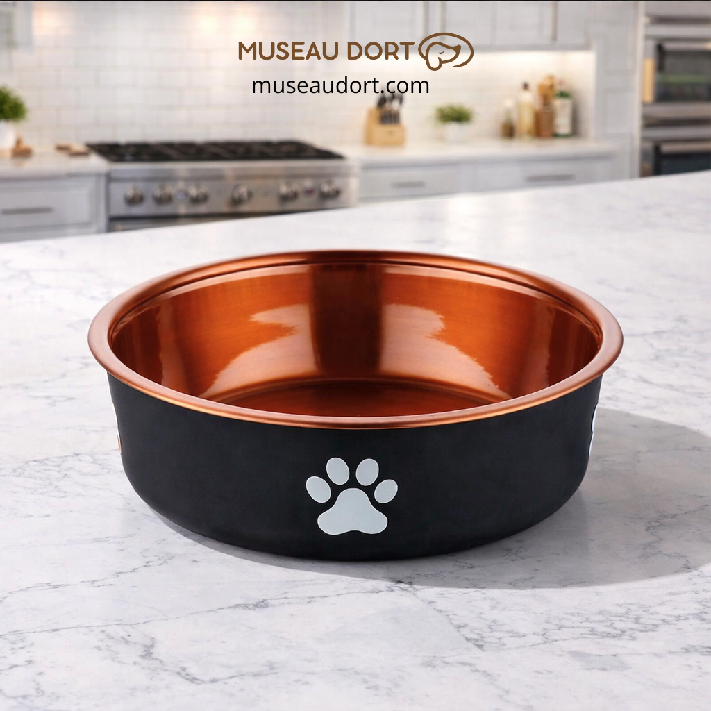 Gamelle pour chien en acier inoxydable coloris bronze, stable et hygiénique, sur plan de travail de cuisine moderne.