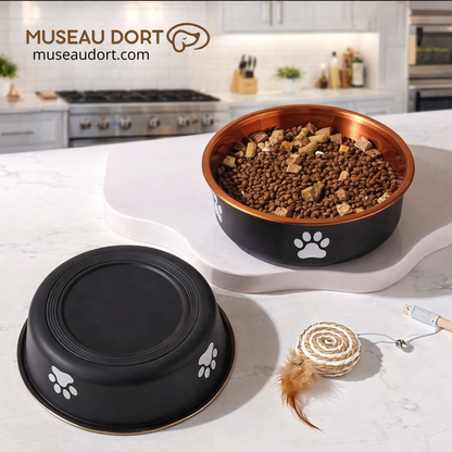 Gamelle pour chien en acier inoxydable coloris bronze avec fond antidérapant silicone, stable sur plan de cuisine.