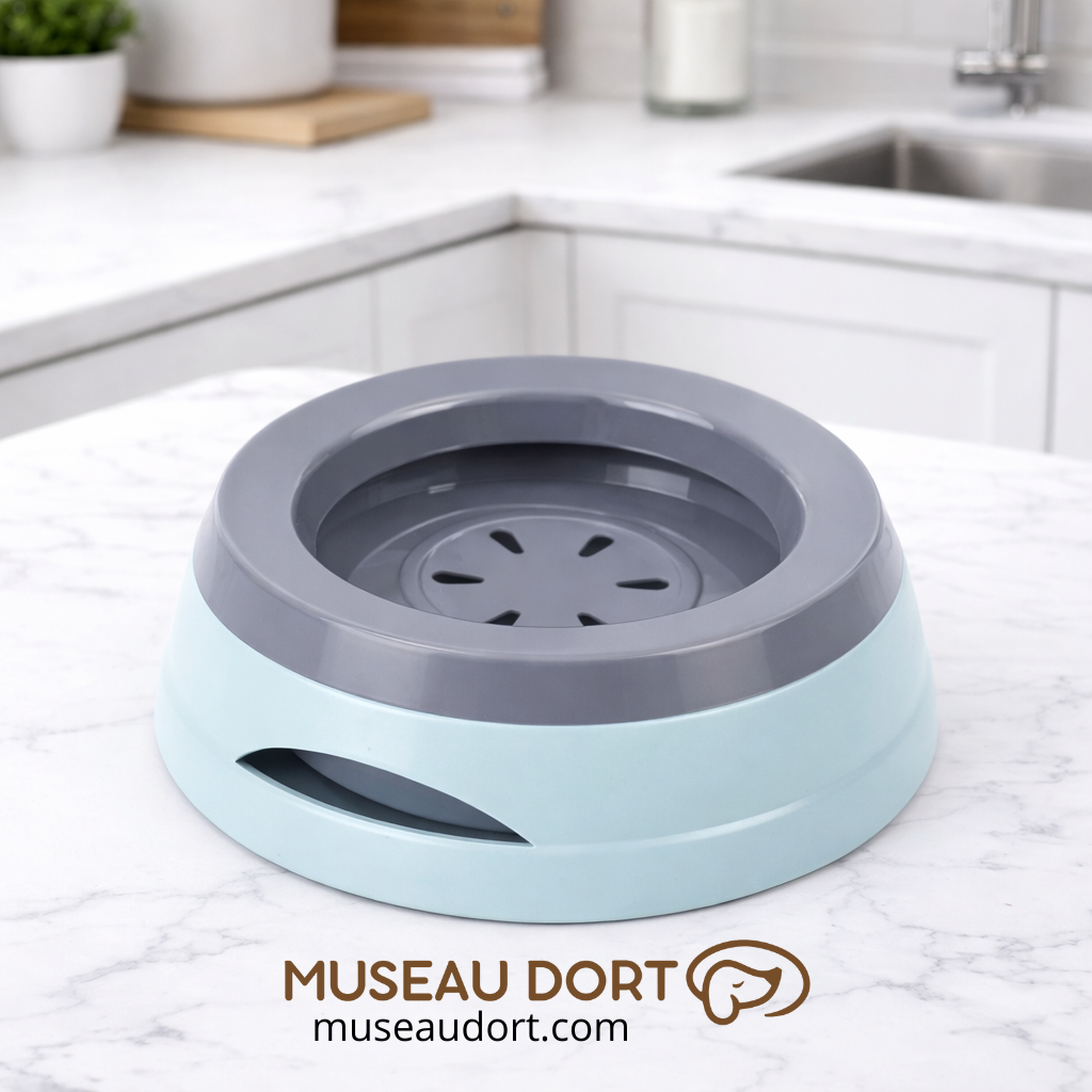 Gamelle pour chien bleue et stable posée sur plan de travail de cuisine moderne pour hydratation propre Museau Dort