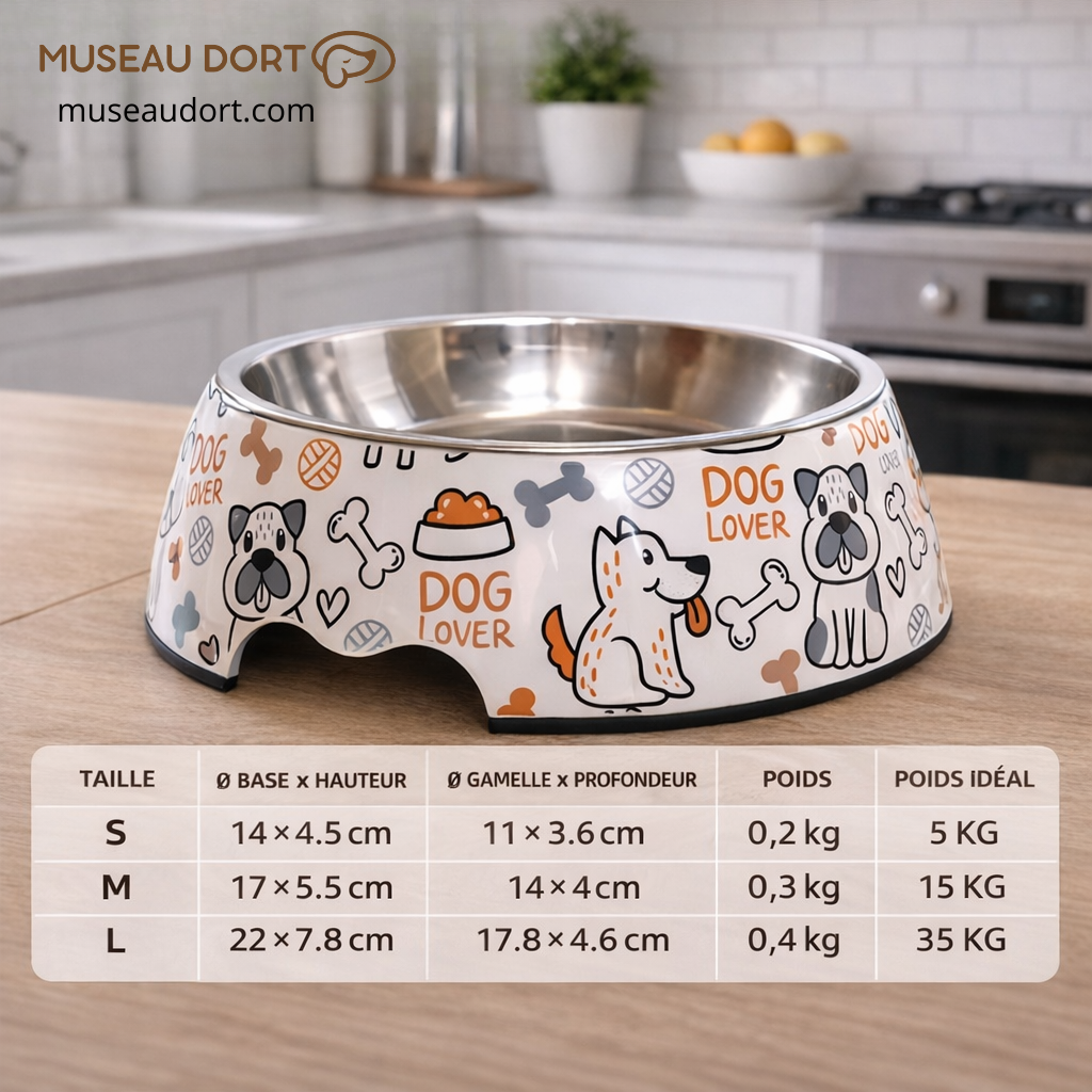Gamelle pour chien en inox antidérapante avec tableau des tailles, posée sur plan de travail de cuisine moderne, Museau Dort