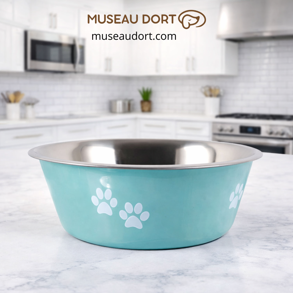 Gamelle pour chien antidérapante en inox, stable et hygiénique, posée dans une cuisine moderne, Museau Dort