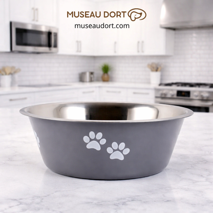 Gamelle pour chien antidérapante en inox, stable sur carrelage, utilisée dans une cuisine moderne, Museau Dort
