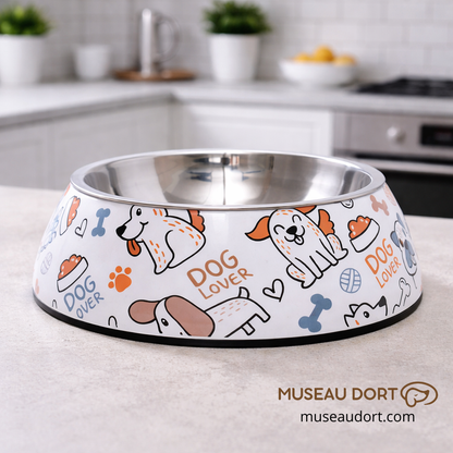 Gamelle pour chien en inox antidérapante au design illustré, posée sur plan de travail de cuisine moderne, Museau Dort