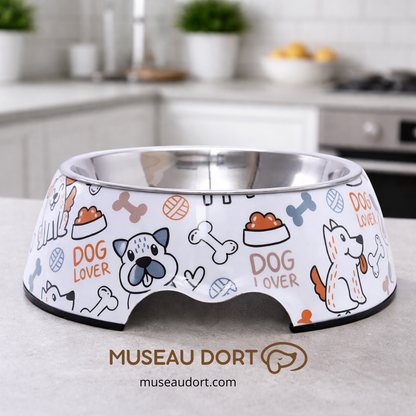 Gamelle pour chien en inox antidérapante au design illustré, posée sur plan de travail de cuisine moderne, Museau Dort