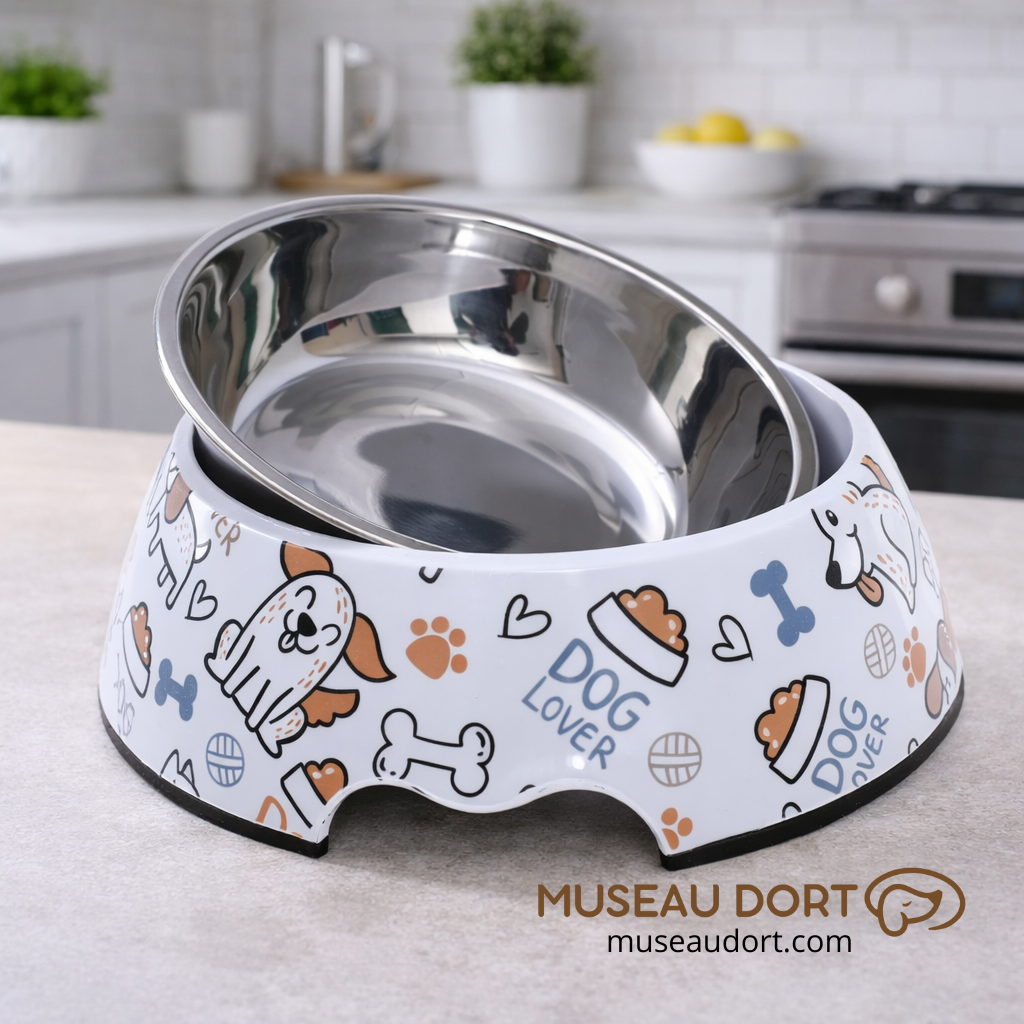 Gamelle pour chien en inox antidérapante avec intérieur inox visible, posée dans une cuisine moderne, Museau Dort