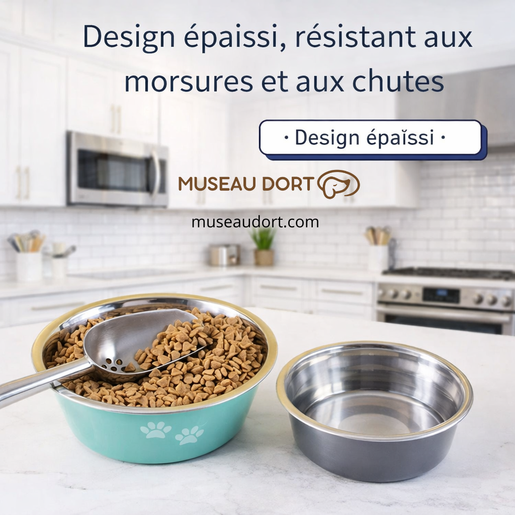 Gamelle pour chien en inox au design épaissi, résistante aux chutes et morsures, durable au quotidien, Museau Dort