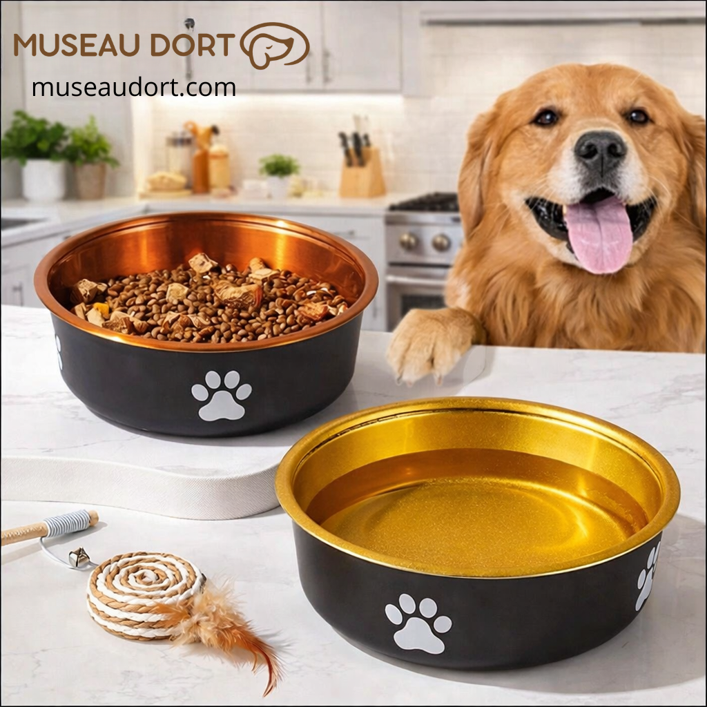 Gamelle pour chien en acier inoxydable coloris or et bronze, avec chien en cuisine moderne, repas stable et propre.