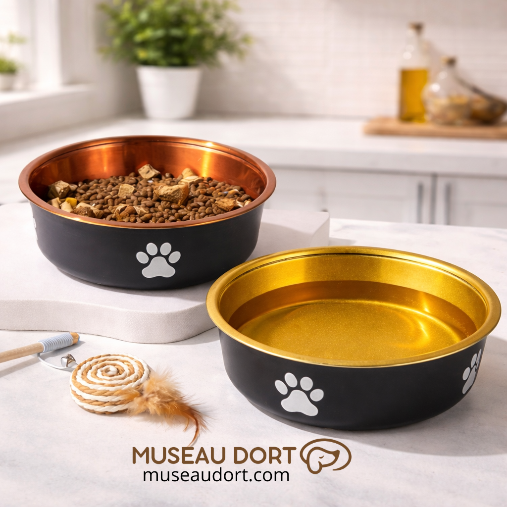 Gamelle pour chien en acier inoxydable coloris or et bronze, stable et hygiénique, posée sur plan de cuisine moderne.