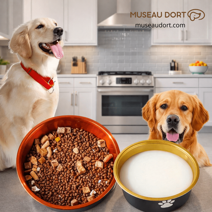 Gamelle pour chien en acier inoxydable coloris or et bronze, avec deux chiens en cuisine moderne – Museau Dort