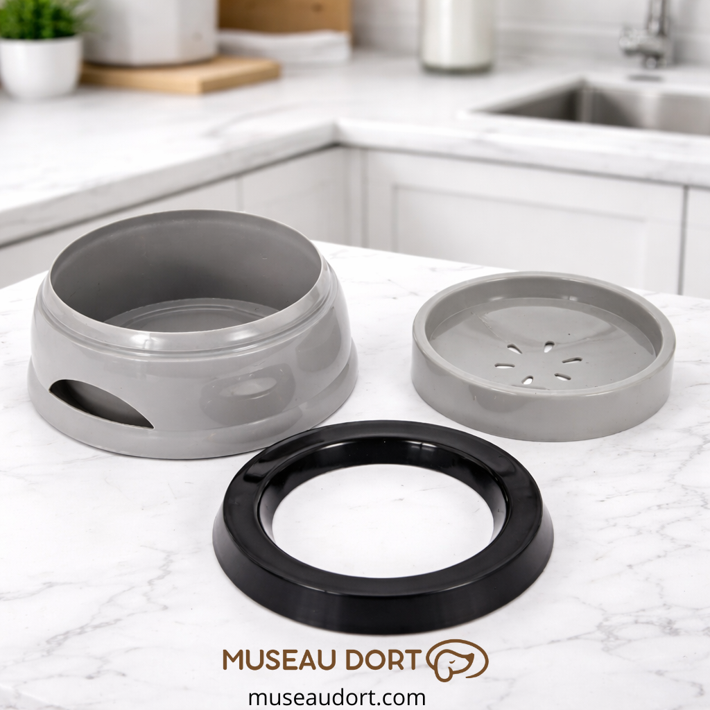 Gamelle pour chien démontée montrant les différentes pièces sur plan de travail de cuisine moderne Museau Dort