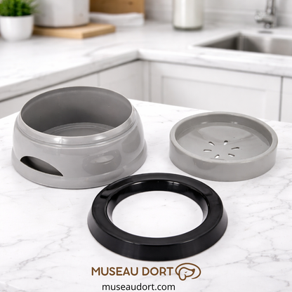Gamelle pour chien démontée montrant les différentes pièces sur plan de travail de cuisine moderne Museau Dort