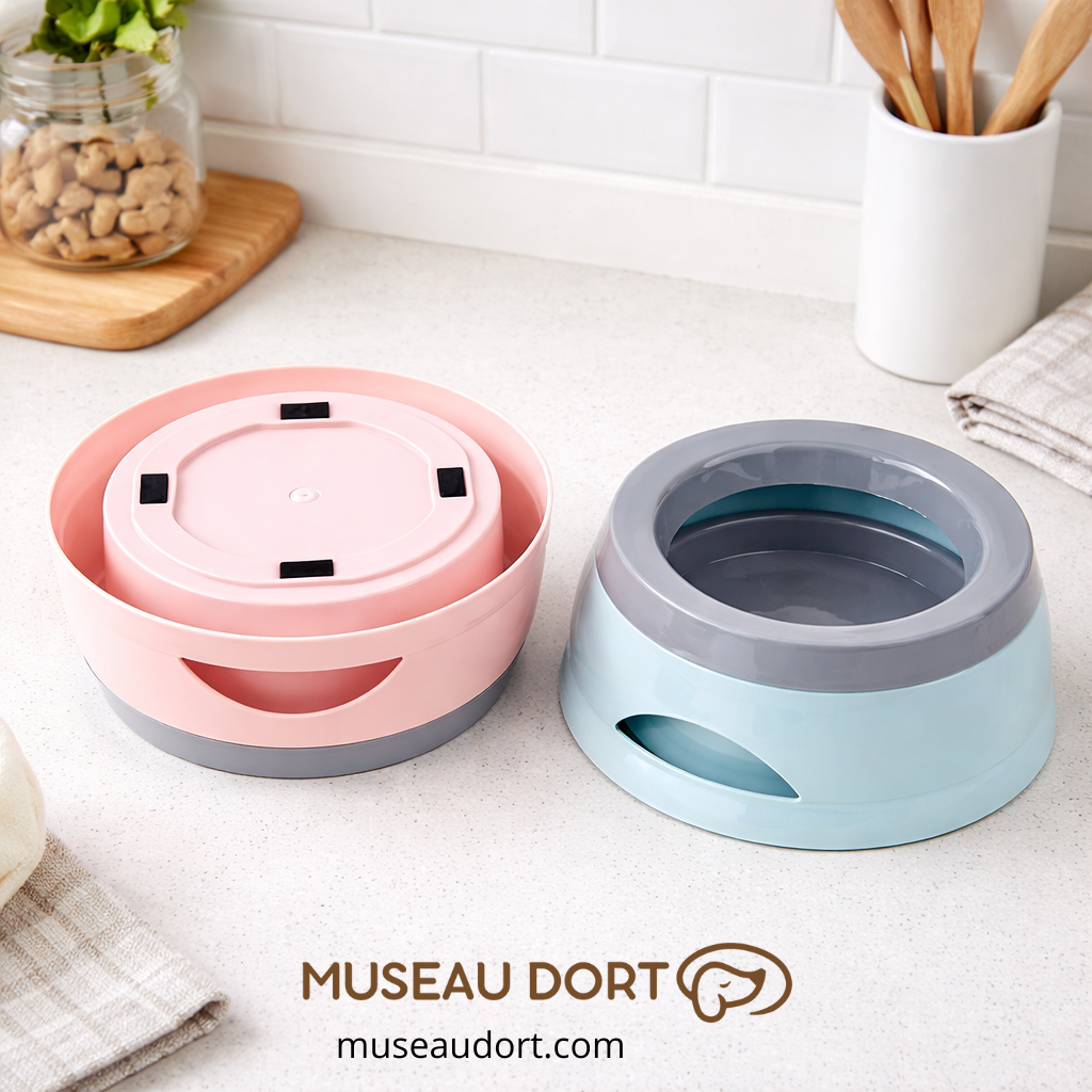 Gamelle pour chien rose et bleue montrant le dessous et la stabilité sur plan de travail de cuisine moderne Museau Dort
