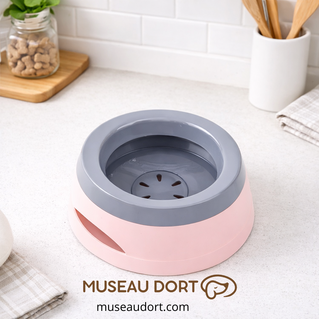 Gamelle pour chien rose et stable posée sur plan de travail de cuisine moderne pour hydratation propre Museau Dort