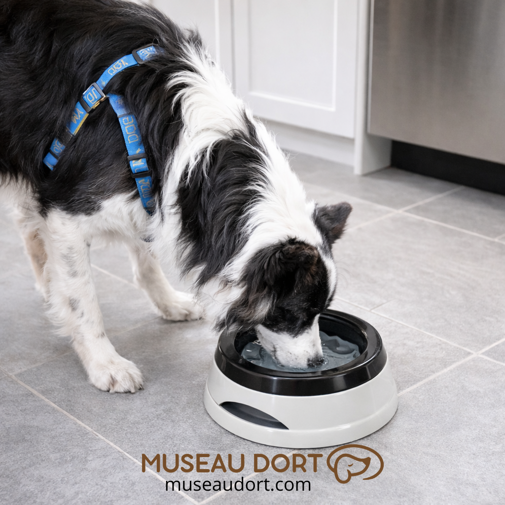 Gamelle pour chien utilisée par un chien qui boit de l’eau sur sol de cuisine moderne pour hydratation propre Museau Dort