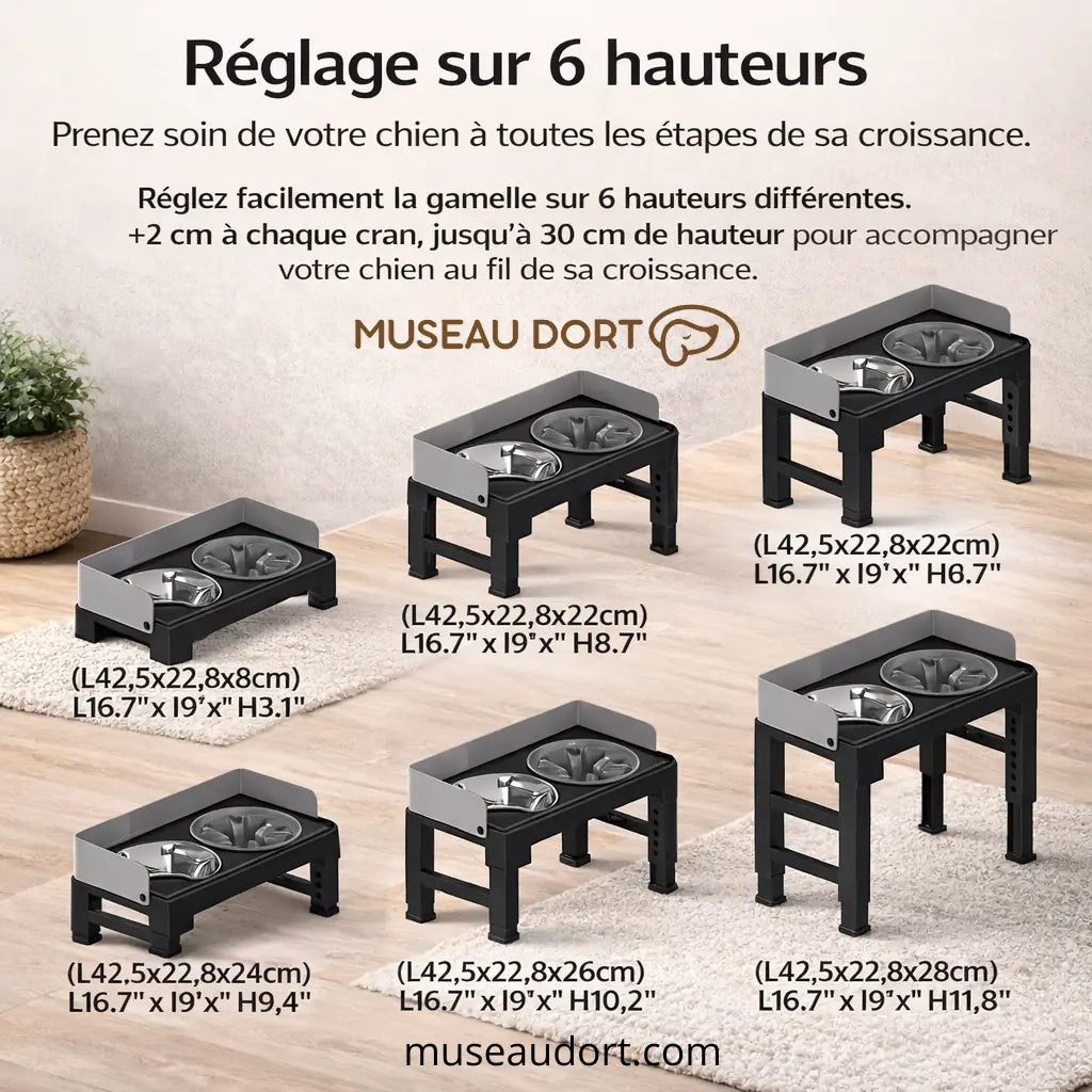 Gamelle surélevée pour chien réglable sur 6 hauteurs avec bol inox et bol anti-glouton, Museau Dort
