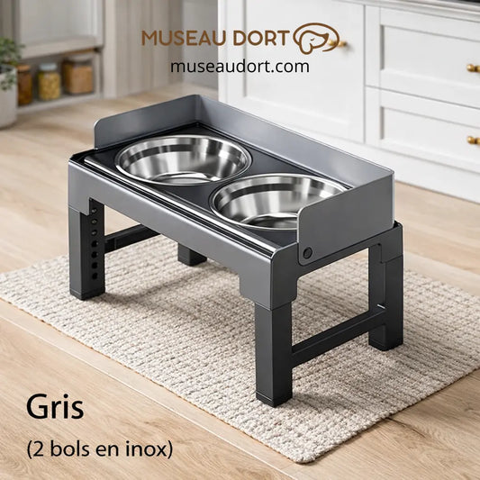 Gamelle surélevée pour chien gris avec 2 bols en inox, réglable, stable et pensée pour un repas propre