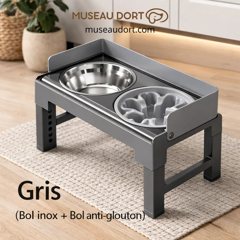 Gamelle surélevée pour chien gris avec bol inox et bol anti-glouton, réglable et stable au quotidien