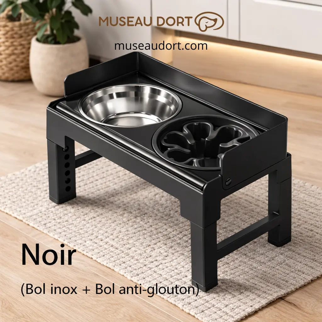 Gamelle surélevée pour chien noir avec bol inox et bol anti-glouton, réglable et stable au quotidien