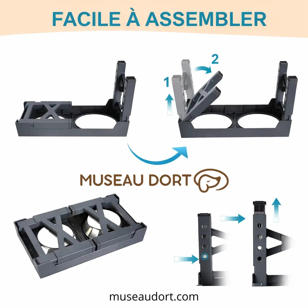 gamelle surélevée pour chien réglable facile à assembler avec support ajustable et bols inox Museau Dort