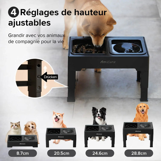 Gamelle surélevée réglable avec 4 hauteurs ajustables pour chien et chat, adaptée à toutes tailles. Disponible chez Museau Dort.