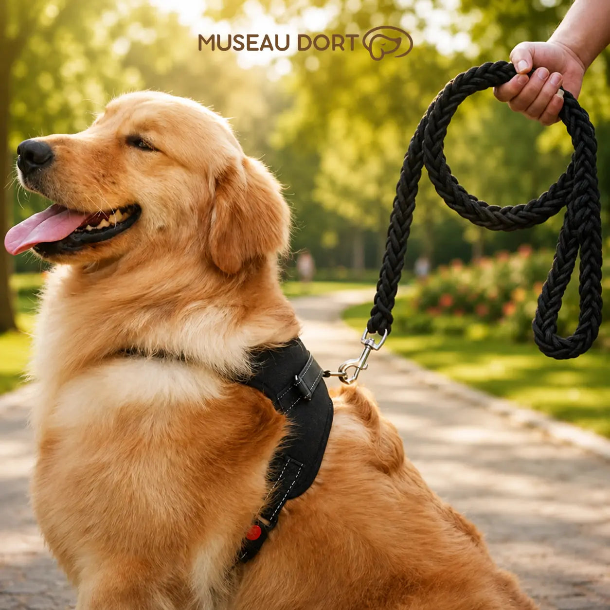 Golden retriever assis avec harnais et laisse corde noire en nylon tressé dans un parc