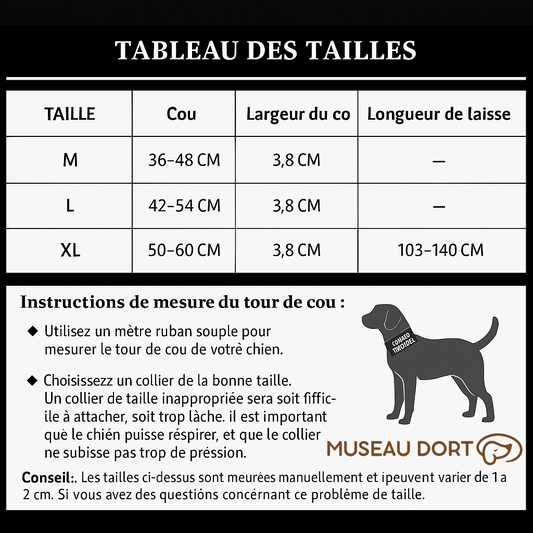 Tableau des tailles pour collier tactique chien – tailles M, L et XL avec conseils de mesure – Disponible chez Museau Dort