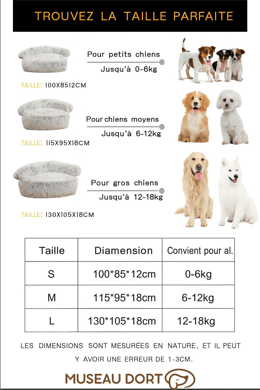 Guide des tailles coussin pour chien avec dimensions S M L et poids recommandés pour petits, moyens et gros chiens, Museau Dort
