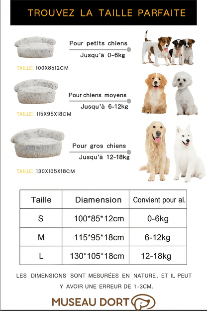 Guide des tailles coussin pour chien avec dimensions S M L et poids recommandés pour petits, moyens et gros chiens, Museau Dort