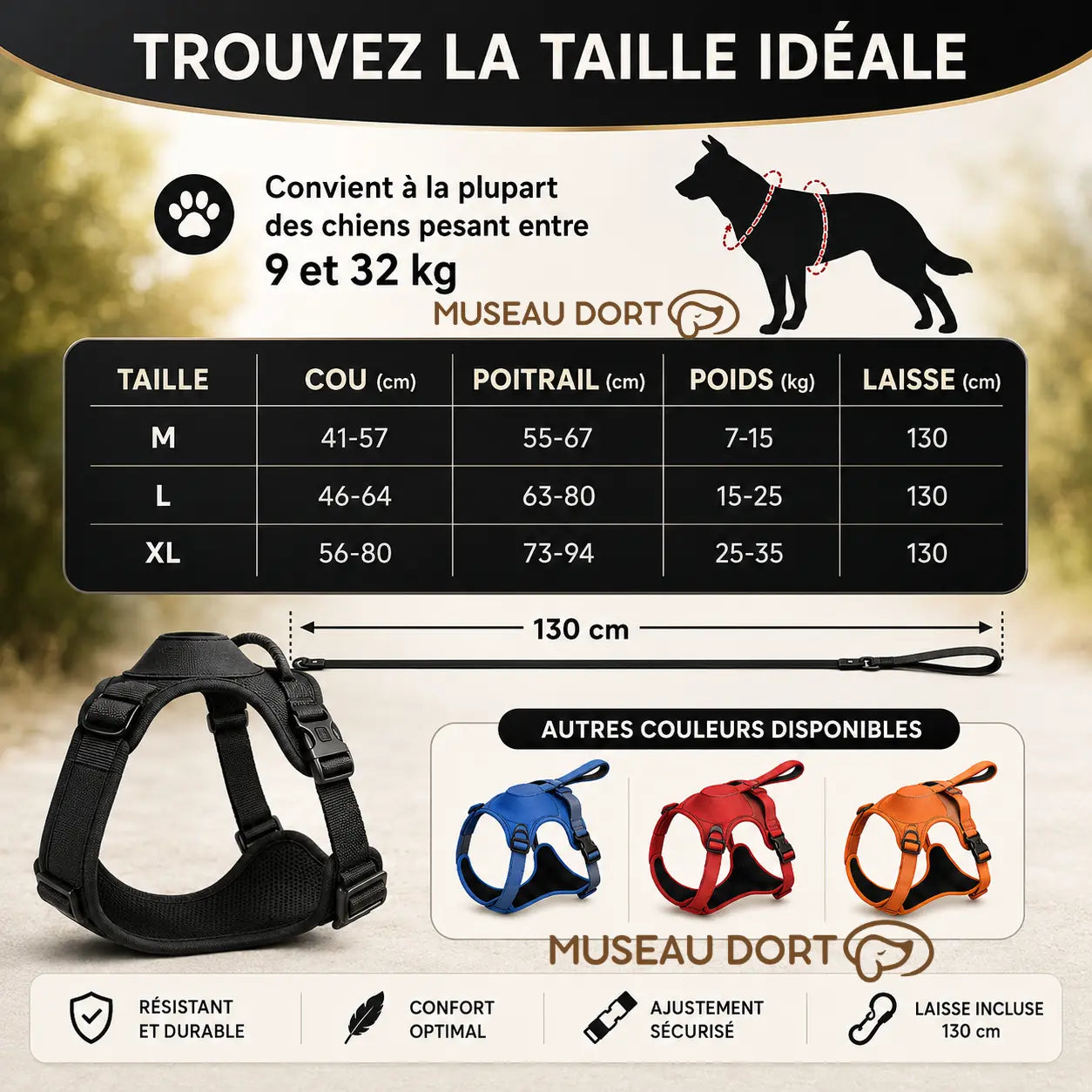 Guide des tailles pour harnais chien rétractable avec poids, poitrail et laisse 130 cm