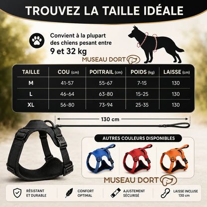 Guide des tailles pour harnais chien rétractable avec poids, poitrail et laisse 130 cm