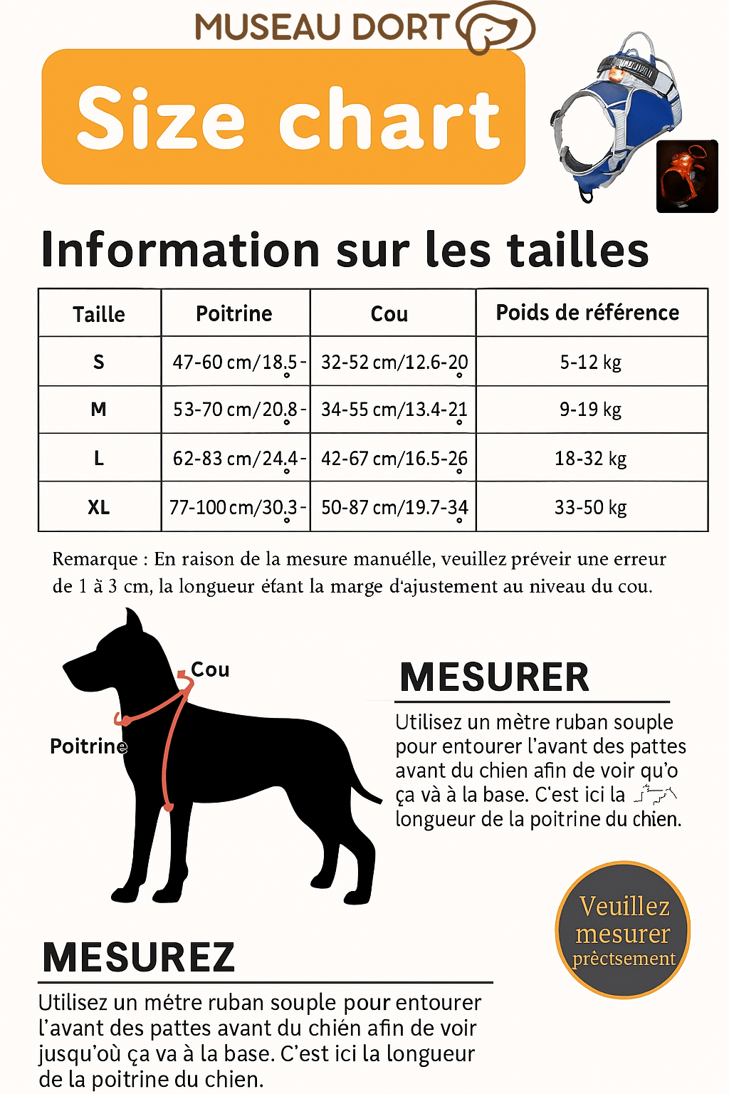 Guide des tailles harnais lumineux pour chien avec mesures poitrine et cou pour choisir la taille adaptée, Museau Dort