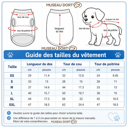 Guide des tailles pour sweat à capuche chien avec mesures du dos, cou et poitrine