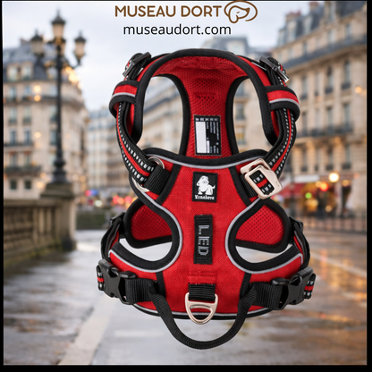 Harnais anti-traction rouge pour chien puissant en ville, contrôle stable sans pression lors des promenades Museau Dort