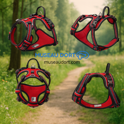 Harnais pour chien anti-traction rouge présenté sous quatre angles avec décor de forêt et logo visible | Museau Dort