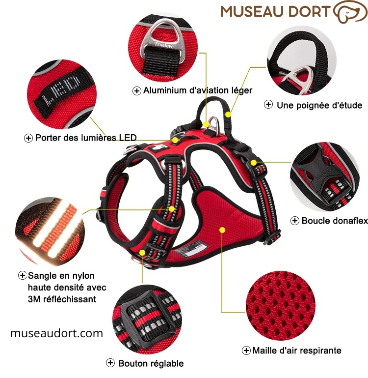 Détails du harnais pour chien anti-traction Truelove rouge avec sangles réfléchissantes et poignée visible | Museau Dort