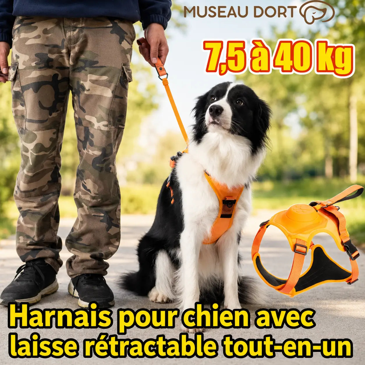 Harnais chien orange avec laisse rétractable tout-en-un pour chien de 7,5 à 40 kg