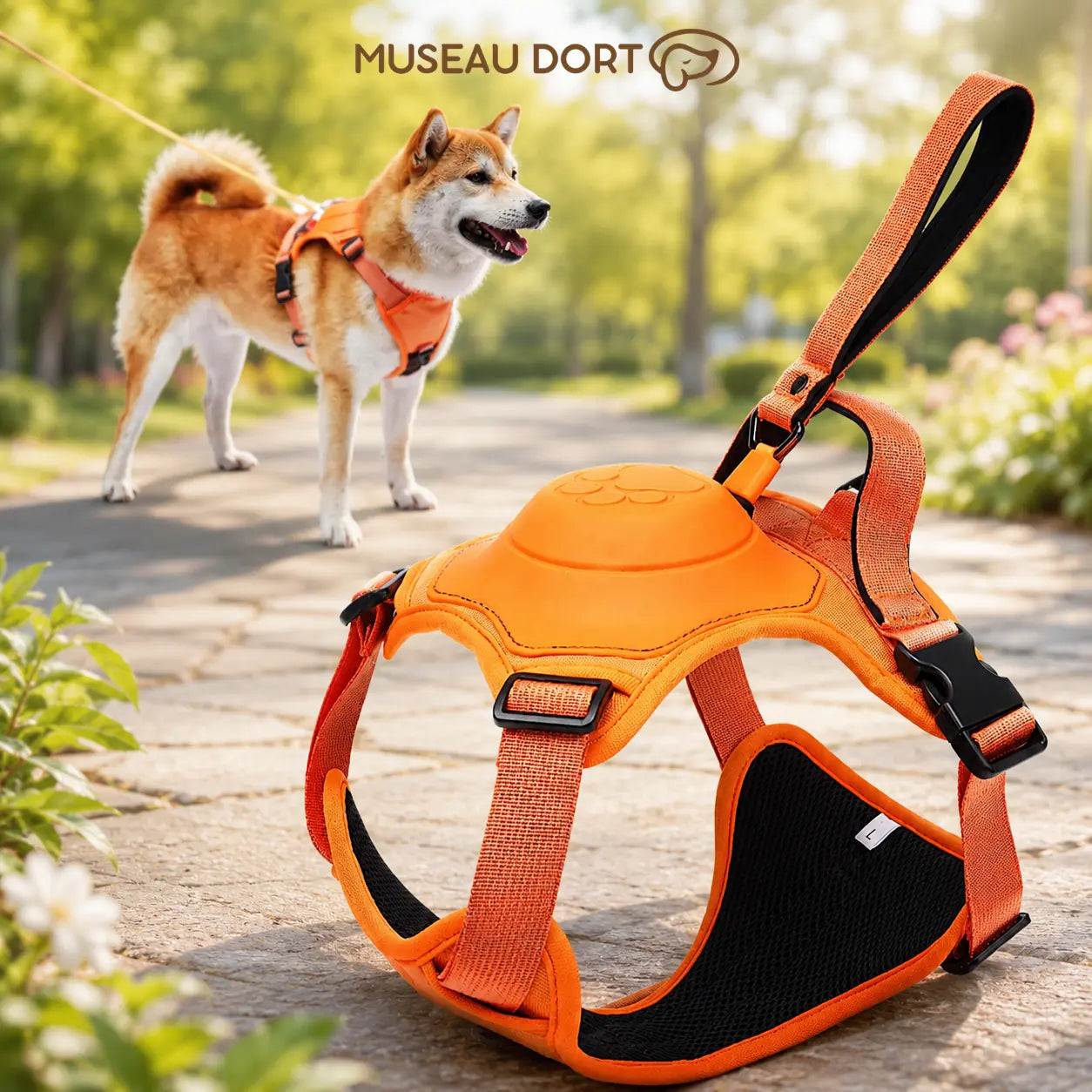Harnais chien rétractable orange avec laisse intégrée pour promenade au parc