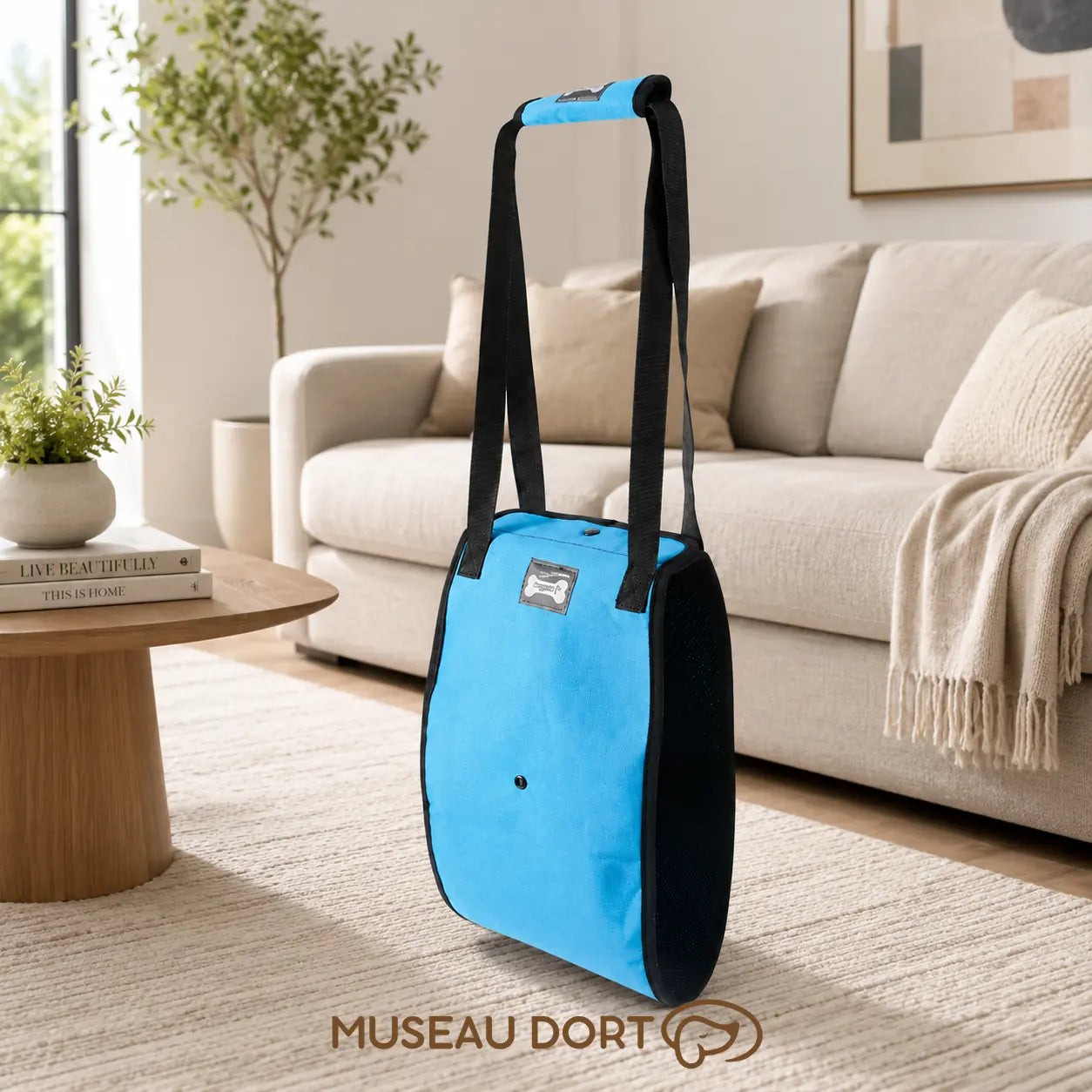 Harnais de levage bleu pour chien âgé présenté dans un salon moderne, léger et conçu pour aider à la marche