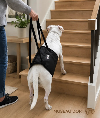 Chien âgé soutenu par un harnais de levage noir pour monter un escalier intérieur en bois