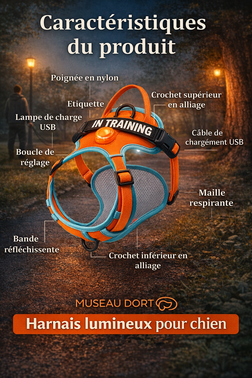 Harnais lumineux pour chien avec LED rechargeable, bandes réfléchissantes et maille respirante pour nuits sûres, Museau Dort