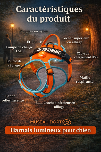 Harnais lumineux pour chien avec LED rechargeable, bandes réfléchissantes et maille respirante pour nuits sûres, Museau Dort