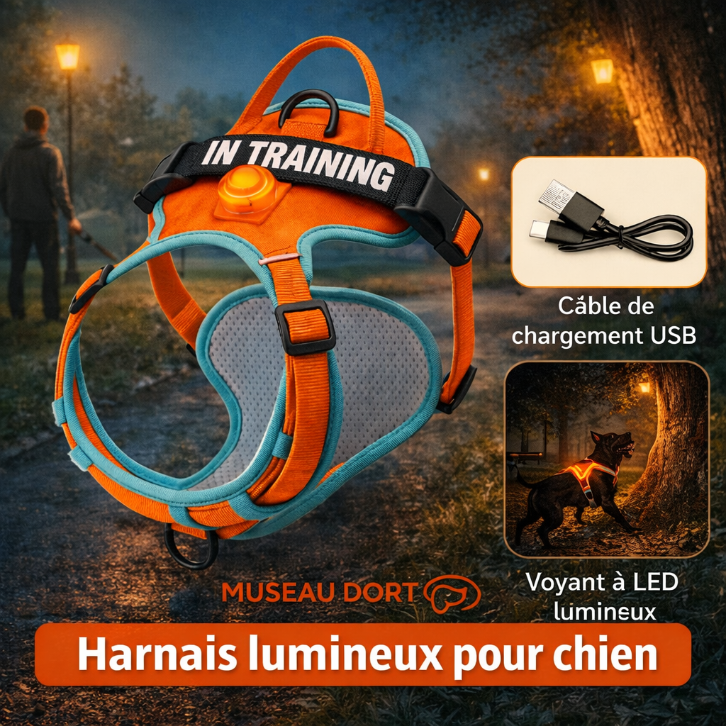 Harnais lumineux pour chien orange avec LED rechargeable, visibilité nocturne 360° pour promenades de nuit, Museau Dort