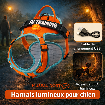 Harnais lumineux pour chien orange avec LED rechargeable, visibilité nocturne 360° pour promenades de nuit, Museau Dort