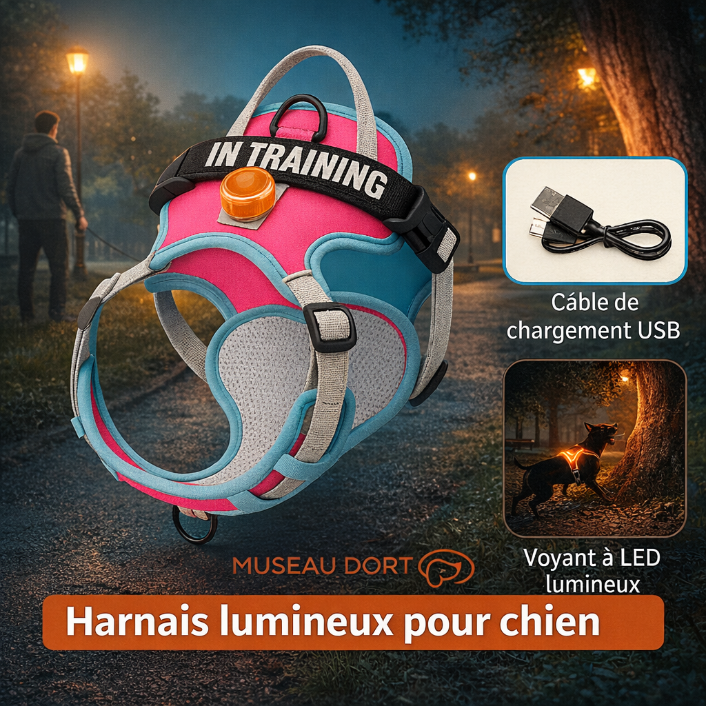 Harnais lumineux pour chien rose avec LED rechargeable, visibilité nocturne 360° pour promenades sécurisées, Museau Dort