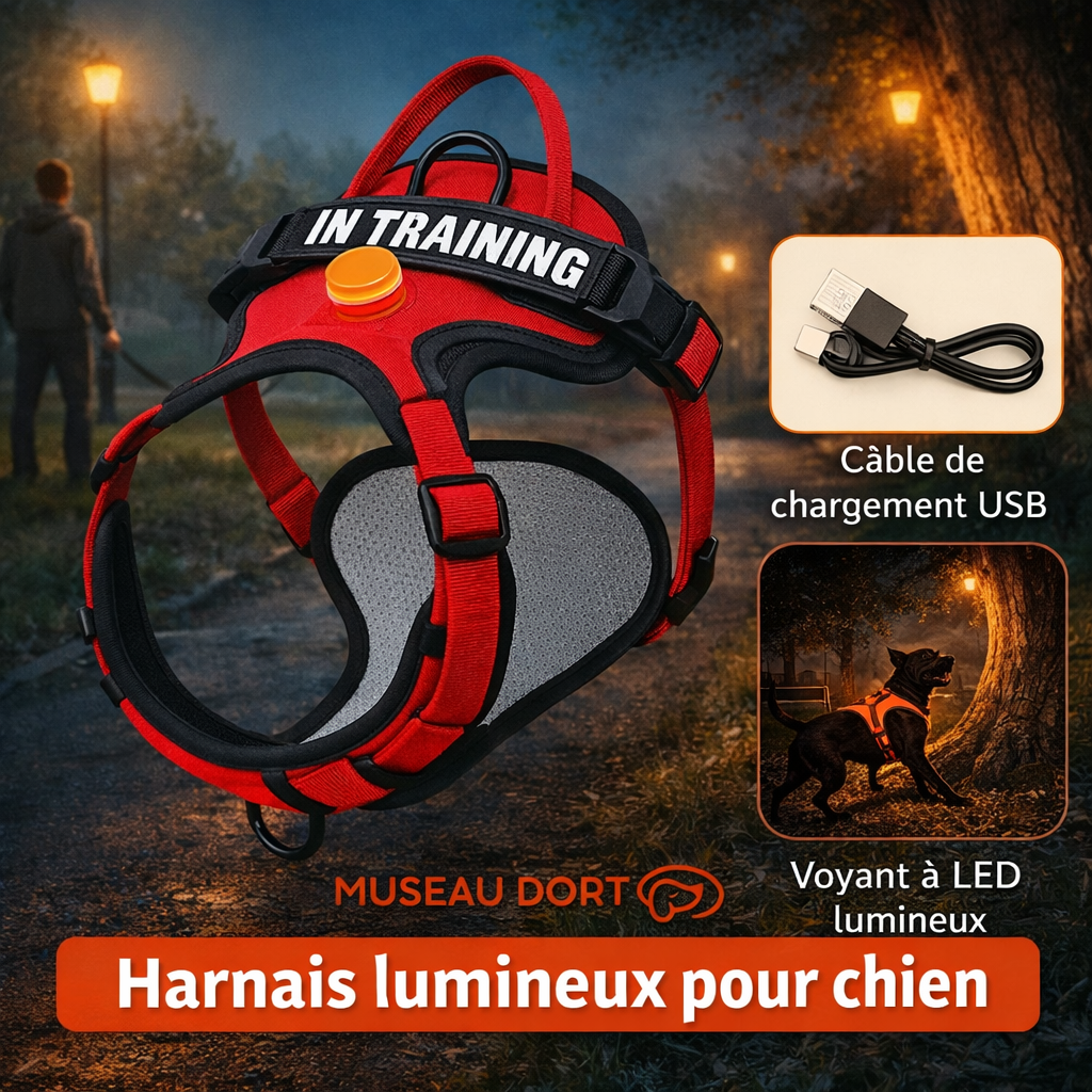 Harnais lumineux pour chien rouge avec LED rechargeable, visibilité nocturne 360° pour balades sécurisées, Museau Dort
