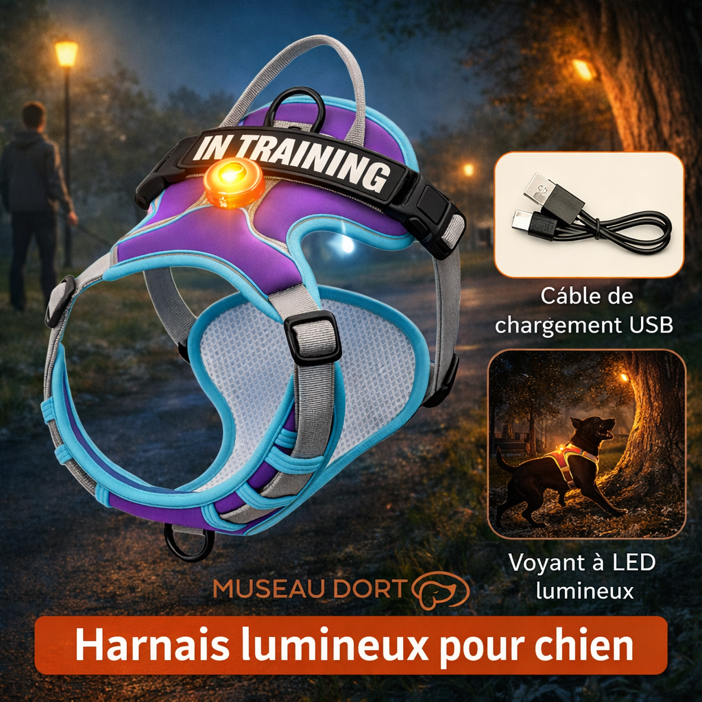 Harnais lumineux pour chien violet avec LED rechargeable, visibilité nocturne 360° pour promenades sécurisées, Museau Dort