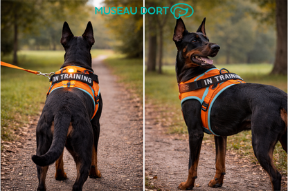Harnais lumineux pour chien porté de dos et de profil avec LED rechargeable, visibilité nocturne en promenade au parc, Museau Dort