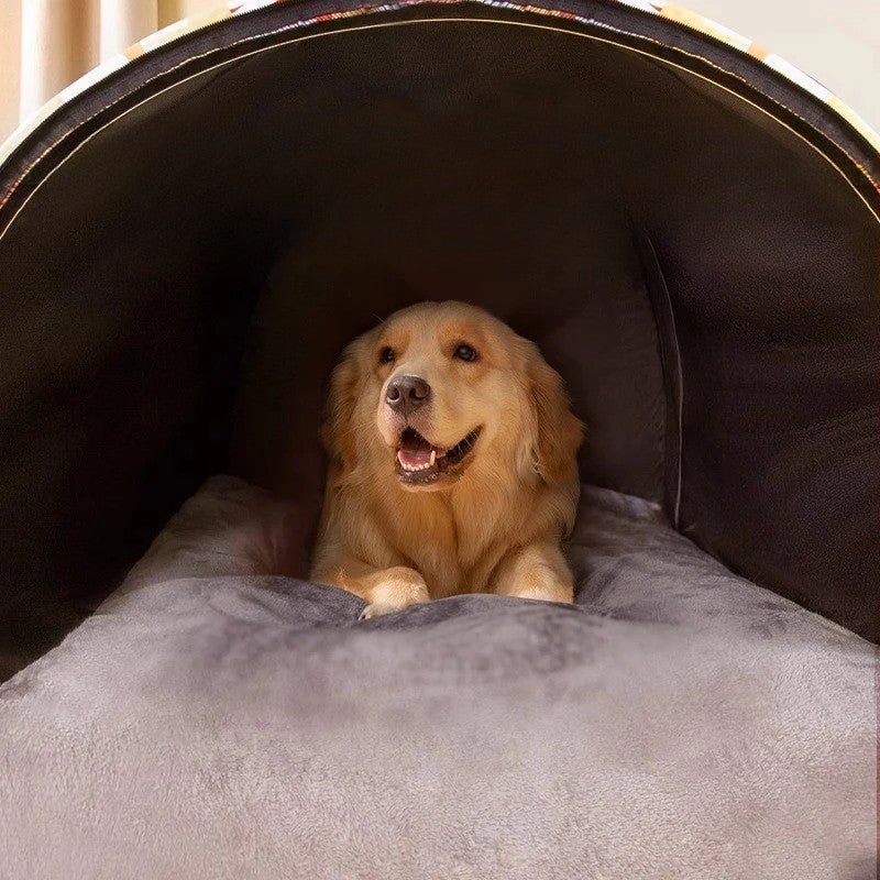 Chien détendu dans une niche d’intérieur Museau Dort, couchage moelleux et chaud offrant confort et sécurité au repos.