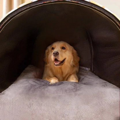 Chien détendu dans une niche d’intérieur Museau Dort, couchage moelleux et chaud offrant confort et sécurité au repos.