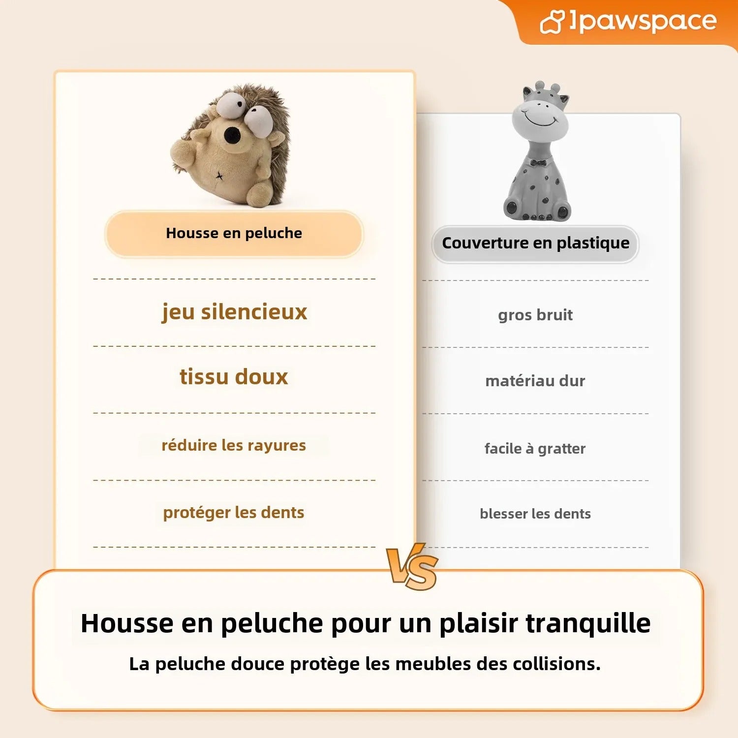 Comparaison entre housse en peluche douce et silencieuse et couverture en plastique dure et bruyante, Museau Dort